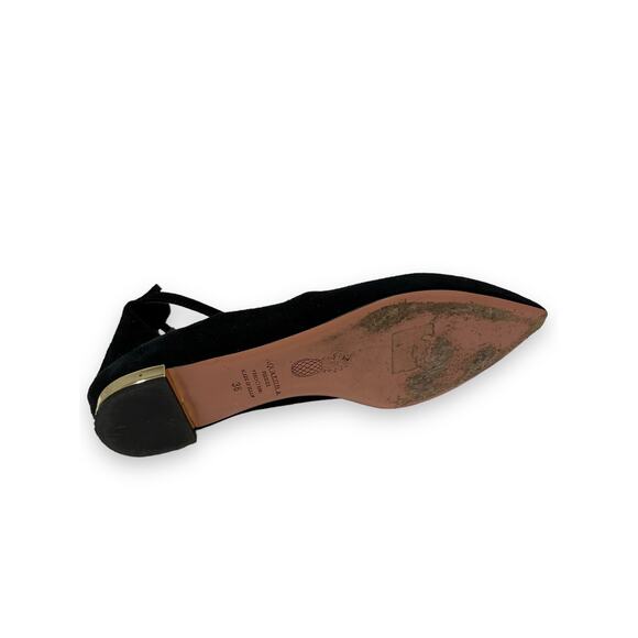 AQUAZZURA Black Suede Strappy St Tropez Bow Point Toe Flats Size 38 US 8 - Picture 8 of 8